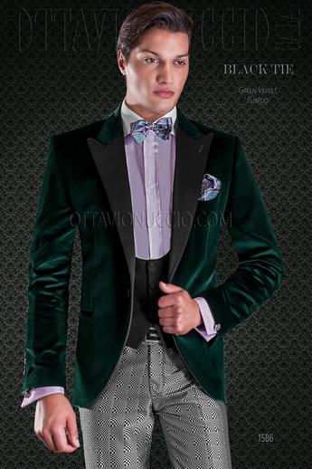 ONGala 1586 - Giacca smoking verde in velluto con pantalone nero