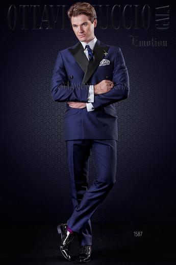 ONGala 1587 - Abito uomo classico doppiopetto blu con rever lancia nero