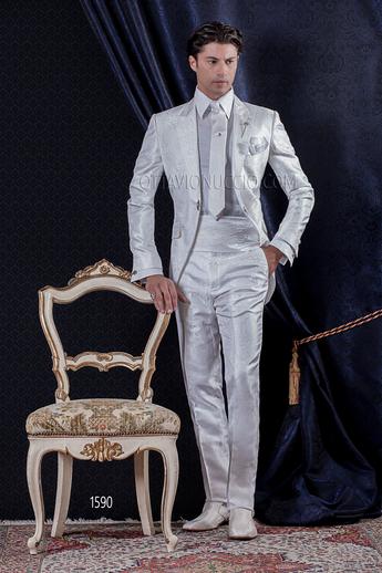 ONGala 1590 - Abito da Sposo Barocco slim redingote damascato bianco