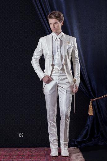 ONGala 1591 - Abito Sposo Barocco slim redingote damascato bianco avorio e oro