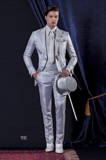 ONGala 1592 - Abito Sposo Barocco slim redingote damascato grigio perla