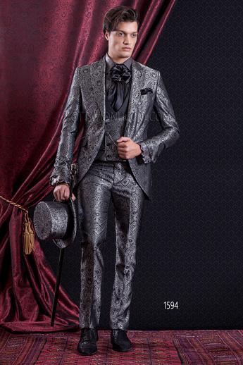 ONGala 1594 - Abito Sposo Barocco slim redingote damascato grigio piombo