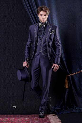 ONGala 1595 - Abito Sposo Barocco slim redingote blu ricamato argento