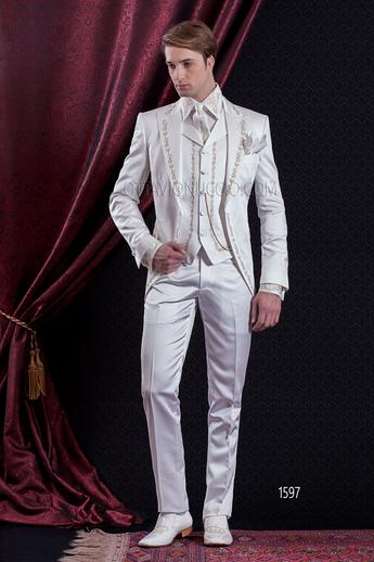 ONGala 1597 - Abito Sposo Barocco slim redingote raso bianco ricamato oro