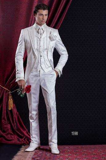 ONGala 1598 - Abito Sposo Barocco slim redingote raso bianco ricamato argento