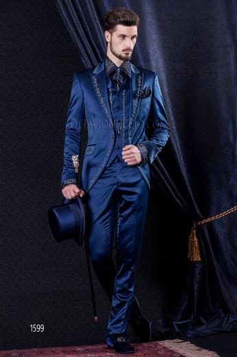 ONGala 1599 - Abito Sposo Barocco slim redingote raso blu ricamato argento