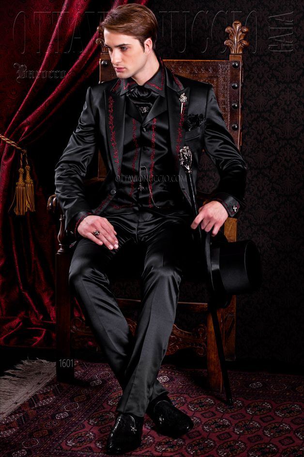 ONGala 1601 - Abito Sposo Barocco slim raso nero ricamato rosso