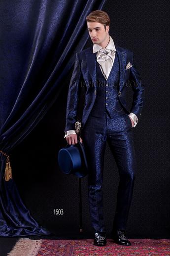 ONGala 1603 - Abito Sposo Barocco slim redingote damascato blu