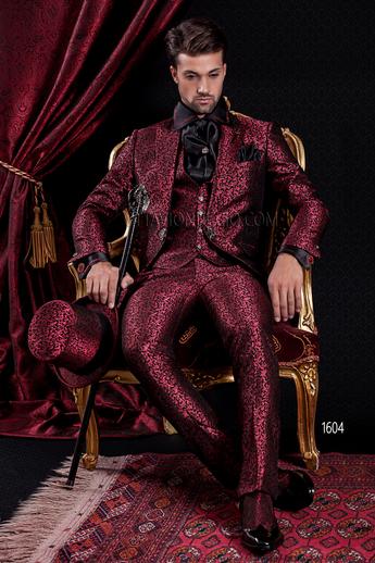 ONGala 1604 - Abito Sposo Barocco slim redingote damascato rosso