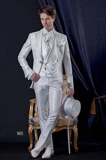 ONGala 1605 - Abito Sposo Barocco slim redingote damascato bianco