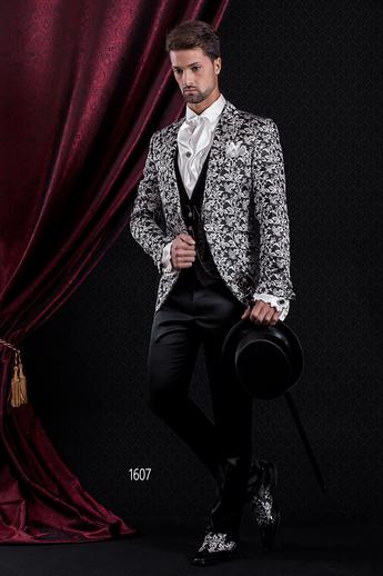 ONGala 1607 - Abito Sposo Barocco slim redingote broccato nero argento