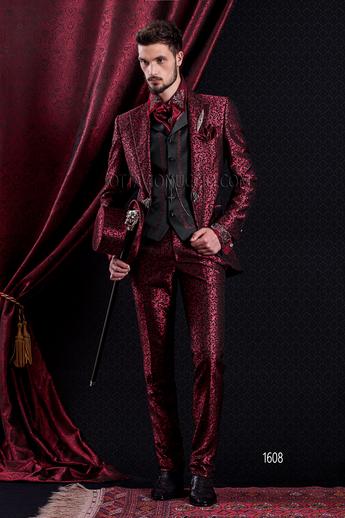 ONGala 1608 - Abito Sposo Barocco slim redingote damascato rosso, gilet ricamato