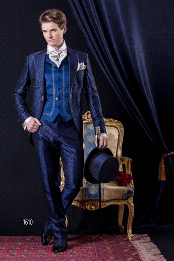 ONGala 1610 - Abito Sposo Barocco slim redingote damascato blu, gilet ricamato