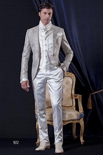 ONGala 1612 - Abito da Sposo Barocco slim redingote broccato grigio chiaro