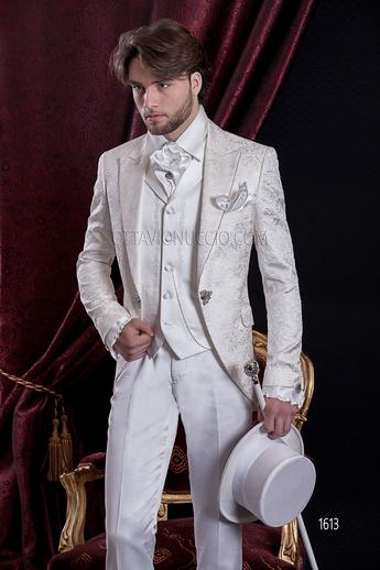 ONGala 1613 - Abito Sposo Barocco slim redingote broccato bianco, gilet ricamato