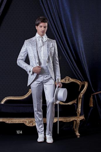 ONGala 1614 - Abito Sposo Barocco slim redingote broccato grigio perla