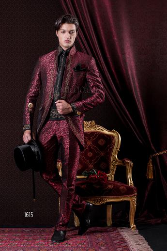 ONGala 1615 - Abito Sposo Barocco slim coreana damascato rosso ricamato oro