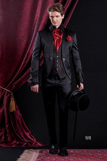 ONGala 1618 - Abito Sposo Gotico slim redingote raso nero con ricamo rosso