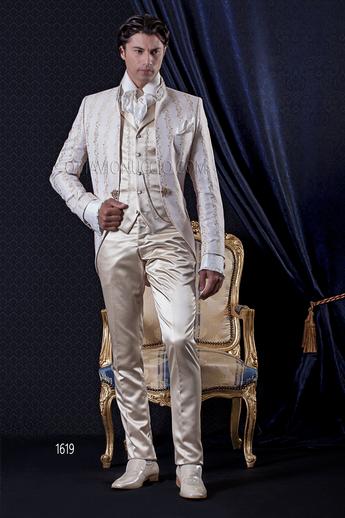 ONGala 1619 - Abito Sposo Barocco slim coreana broccato beige e oro