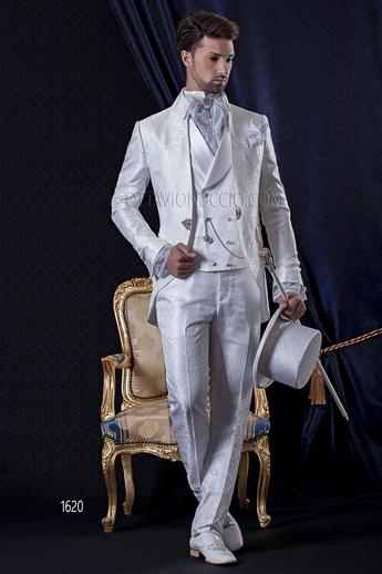 ONGala 1620 - Abito Sposo Barocco slim redingote damascato bianco, gilet in raso