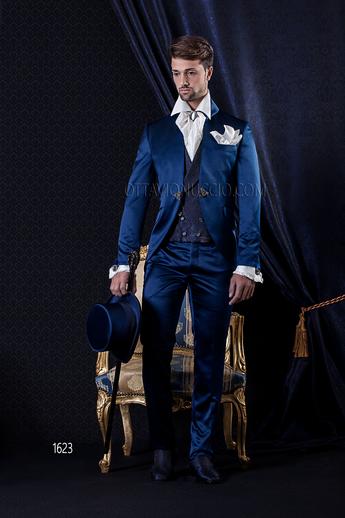 ONGala 1623 - Abito Cerimonia Barocco slim in raso blu con gilet jacquard