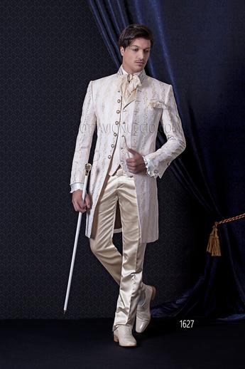 ONGala 1627 - Spolverino Cerimonia collo coreano broccato beige e oro con gilet