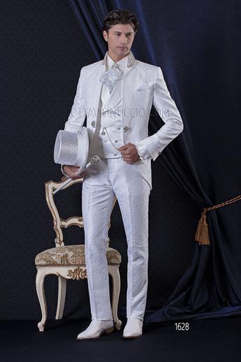 ONGala 1628 - Abito da Cerimonia Barocco slim redingote damascato bianco