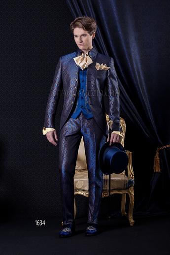 ONGala 1634 - Abito Cerimonia Barocco redingote broccato blu con gilet ricamato
