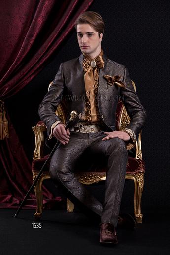 ONGala 1635 - Abito Cerimonia Barocco redingote slim broccato grigio e oro
