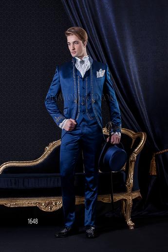 ONGala 1648 - Abito Sposo Barocco con gilet raso blu ricamato argento