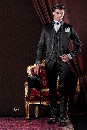 ONGala 1649 - Abito Sposo Barocco con gilet raso nero ricamato argento