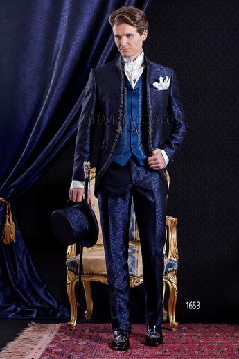 ONGala 1653 - Coreana redingote damascata blu ricamata con gilet