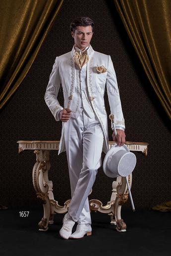 ONGala 1657 - Abito Barocco redingote lunga in raso bianco ricamato oro