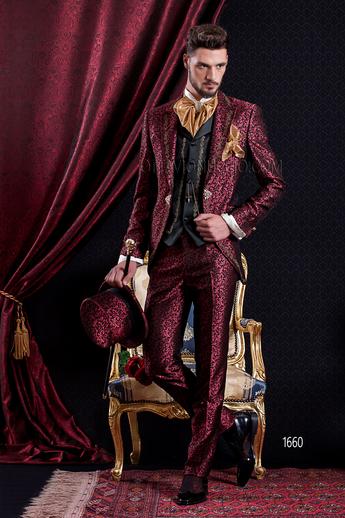 ONGala 1660 - Abito Sposo Barocco redingote damascato rosso con gilet ricamato
