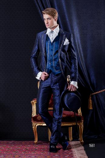 ONGala 1661 - Abito Sposo Barocco redingote damascato blu con gilet ricamato