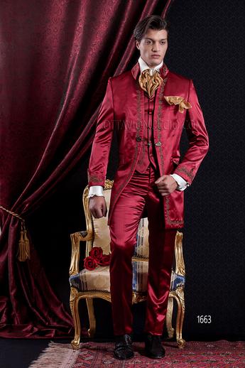 ONGala 1663 - Abito Cerimonia Barocco lungo in raso rosso ricamato oro