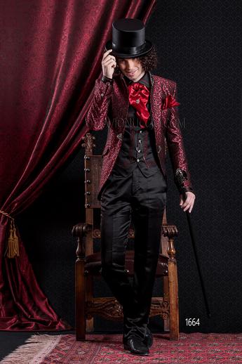 ONGala 1664 - Coreana damascata rossa con pantalone e gilet raso nero