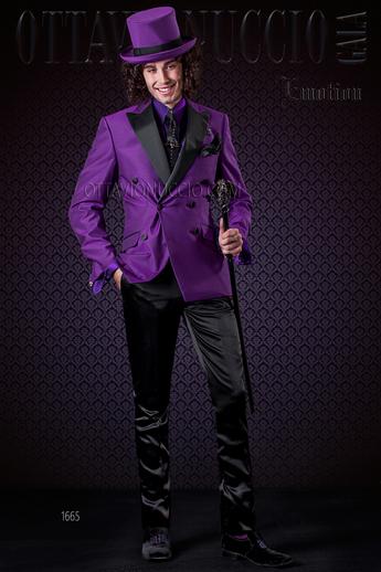 ONGala 1665 - Giacca doppiopetto viola misto lana con pantalone nero in raso