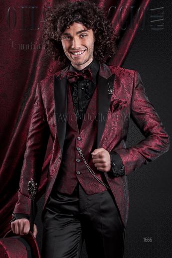 ONGala 1666 - Vestito sposo particolare damascato rosso con pantalone nero