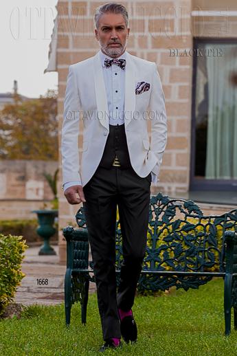 ONGala 1668 - Giacca sposo bianca misto seta shantung con pantalone nero