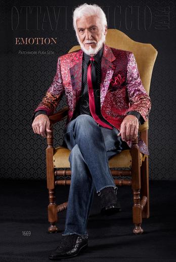 ONGala 1669 - Giacca seta patchwork seta rossa con jeans