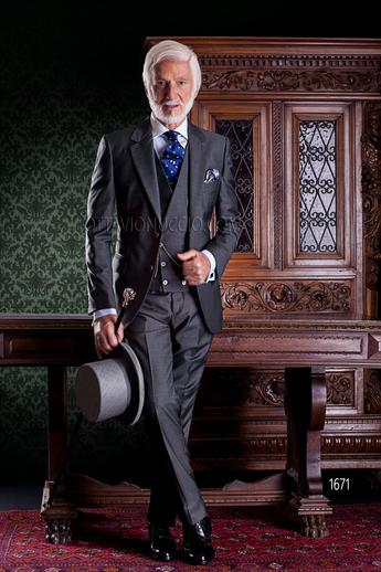 ONGala 1671 - Abito uomo classico grigio medio in lana con gilet doppiopetto a tono