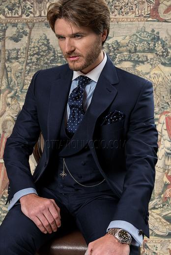 ONGala 1676 - Abito da sposo blu 3 pezzi con gilet sciallato