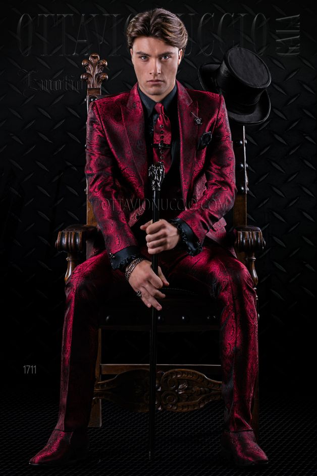 ONGala 1711 - Abito da sposo rosso damascato slim fit