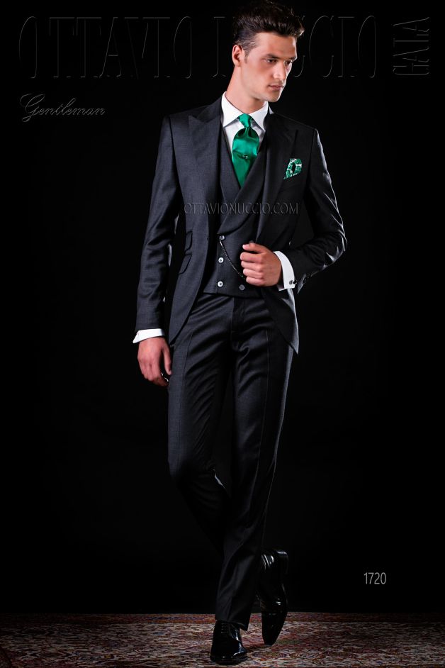ONGala 1720 - Vestito sposo uomo grigio scuro pura lana tre pezzi