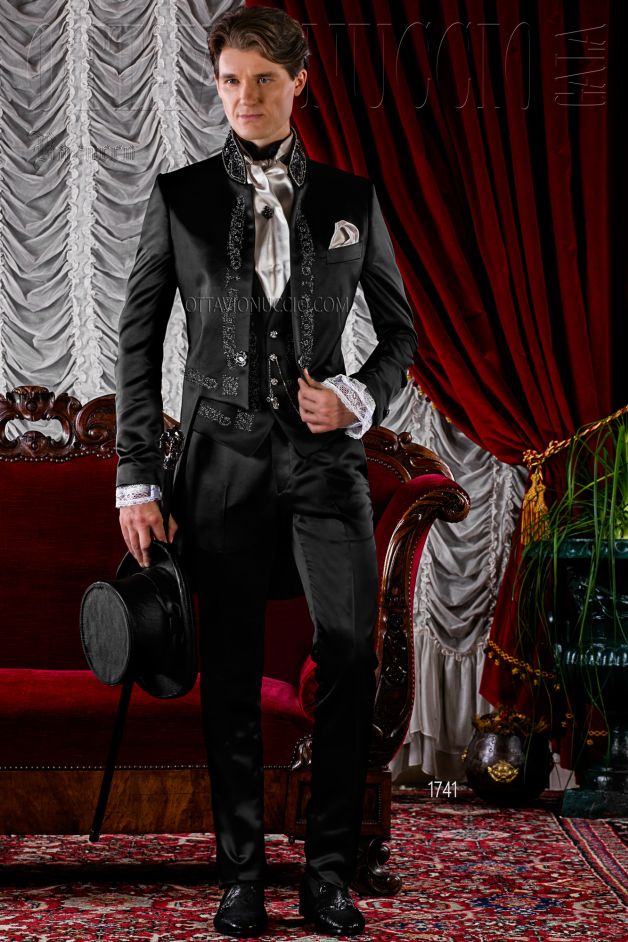 ONGala 1741 - Frac da sposo vintage nero e argento | Vestito sposo damascato