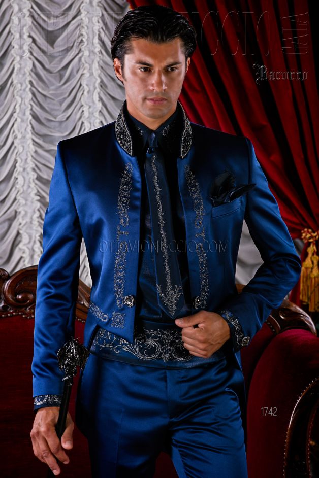 ONGala 1742 - Frac da sposo vintage blu e argento | Vestito damascato blu