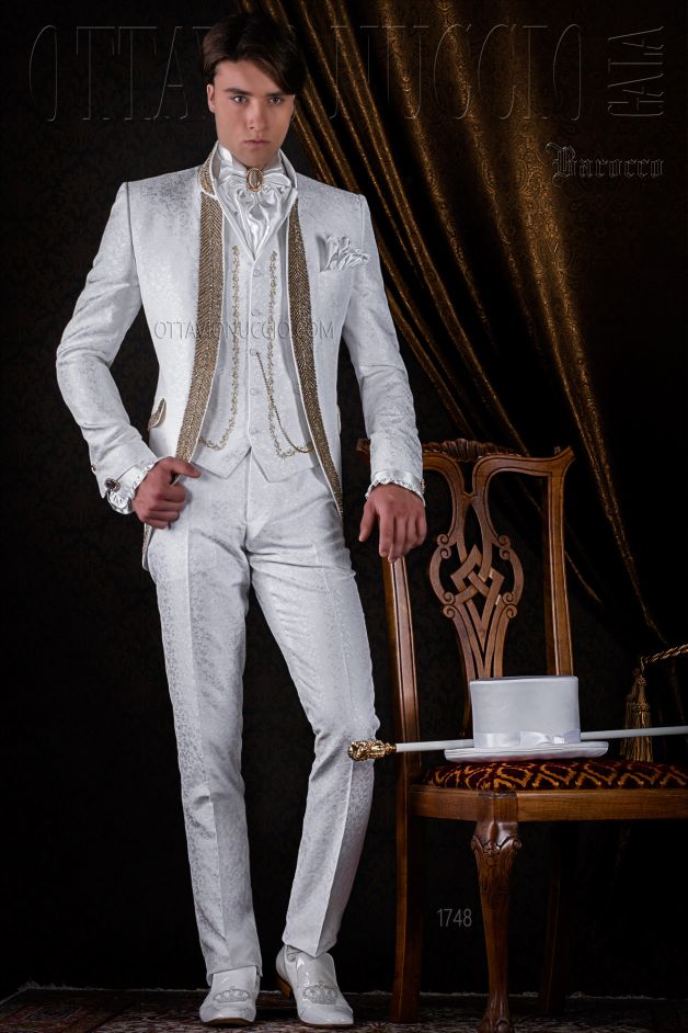 ONGala 1748 - Vestito damascato da sposo vintage coreano bianco