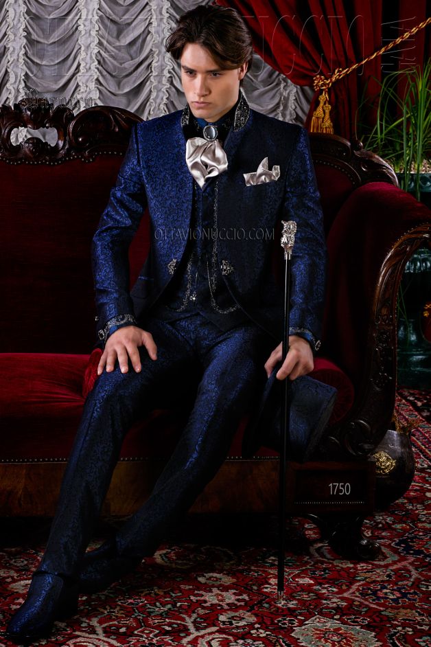 ONGala 1750 - Vestito da sposo blu damascato | Abito uomo damascato