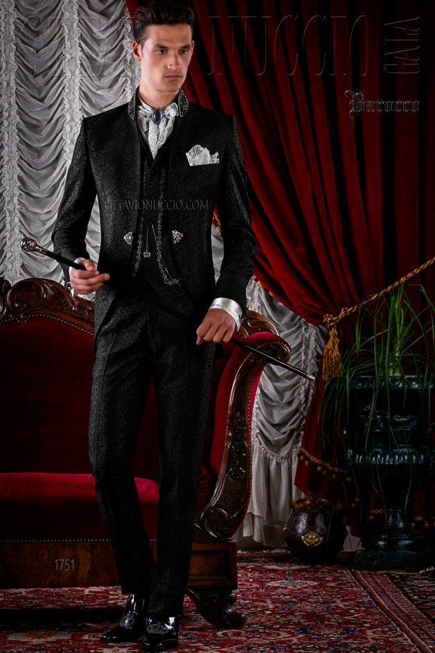 ONGala 1751 - Abito da sposo damascato particolare nero slim fit
